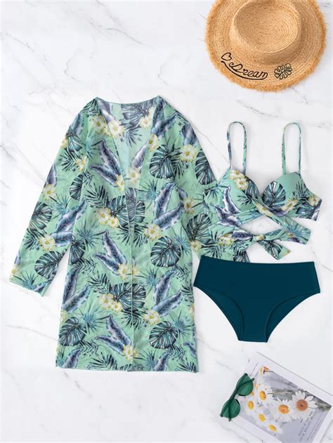 Conjunto De Bikini Con Estampado Tropical Sujetador Push Up Cruzado Y