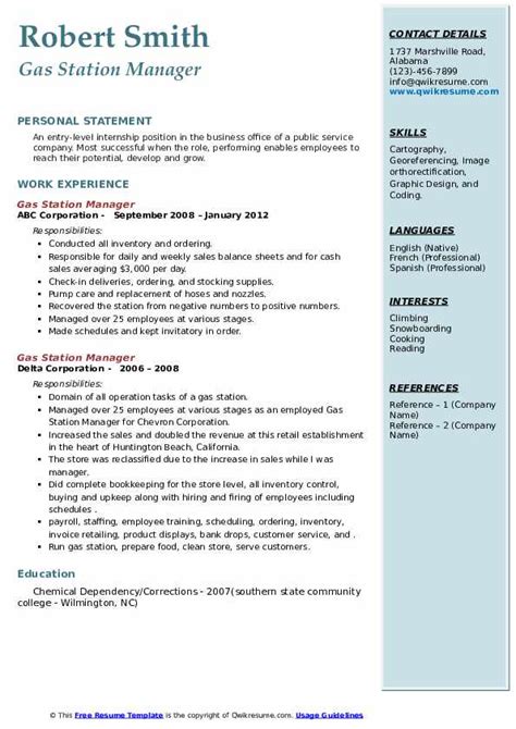 Gas Station Manager Resume Samples Qwikresume