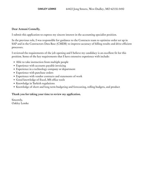 Accounting Specialist Cover Letter Velvet Jobs