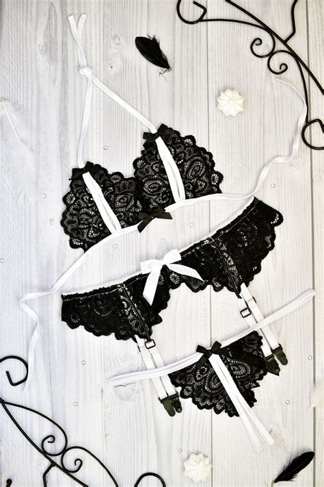 Black Sexy Bunny Ears Lingerie Set See Through Lace Garter Etsy