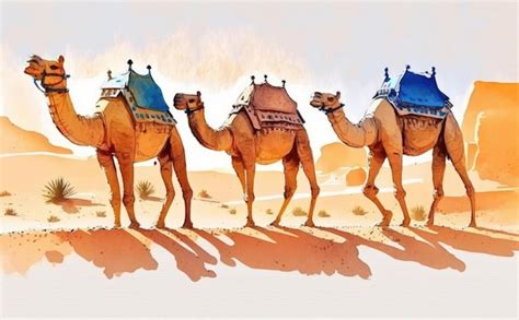 Una Pintura De Camellos En El Desierto Con Ilustraciones De Cielo Azul