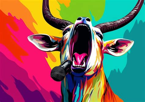 Premium Photo Brightly Colored Painting Of A Cow With A Microphone In