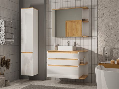 Mueble de baño suspendido madera y blanco 96 cm ANIDA