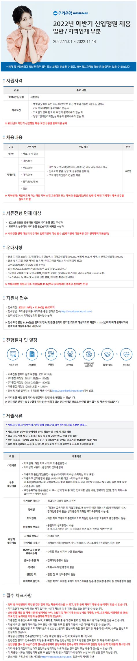 우리은행 채용공고 2022년 하반기 신입행원 채용일반지역인재 부문 2022년 채용