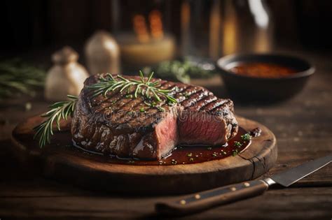 Juicy Grilled Steak With Herbs And Spices On Rustic Cutting Board