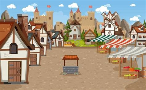 Premium Vector Medieval Town Scene With Market Place Cartoon Town