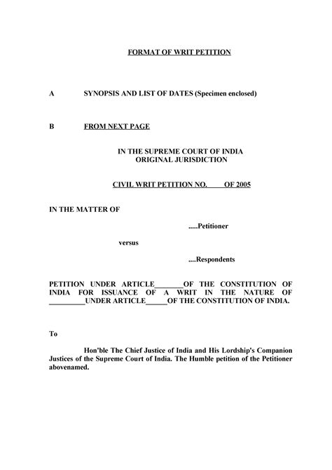 Writ Format Lecture Notes 1 Tndalu Format Of Writ Petition A Synopsis