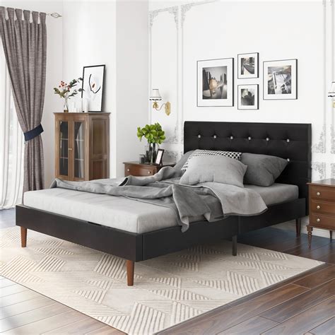 Yegee Queen Size Bed Frame With Diamond Tufted Headboard In Black Faux