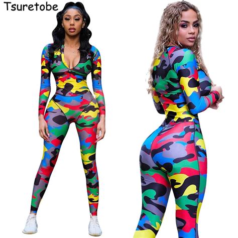 Tsuretobe Sexy Camouflage Jumpsuit Women Skinny Patchwork Rompers Long Sleeve Party Club