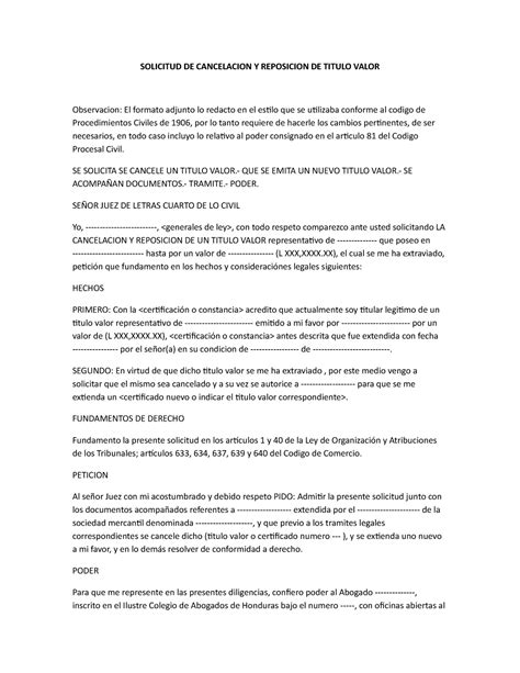 Solicitud De Cancelacion Y Reposicion De Titulo A Valor Derecho Civil