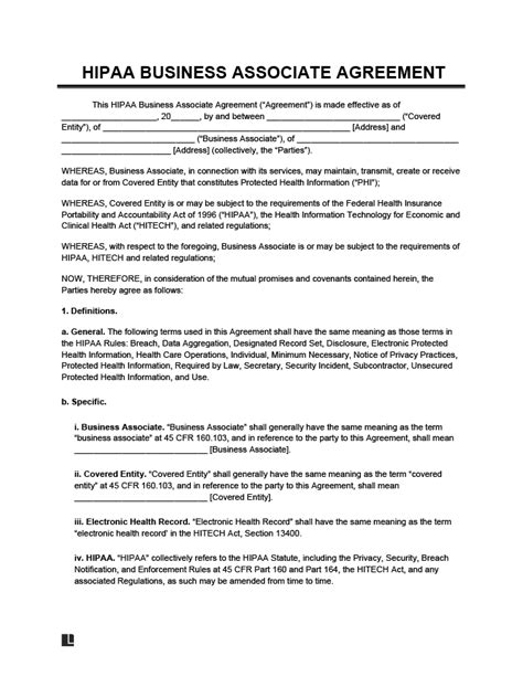 Free Hipaa Business Associate Agreement Baa Legal Templates