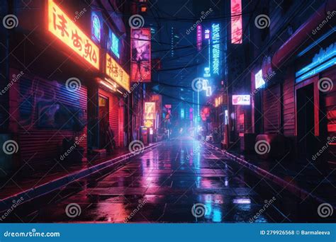 City Alleyway With Neon Lights Night View Of A Quiet Street