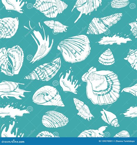 Seamless Pattern Of Hand Drawn Sketch With Seashells And Waves White