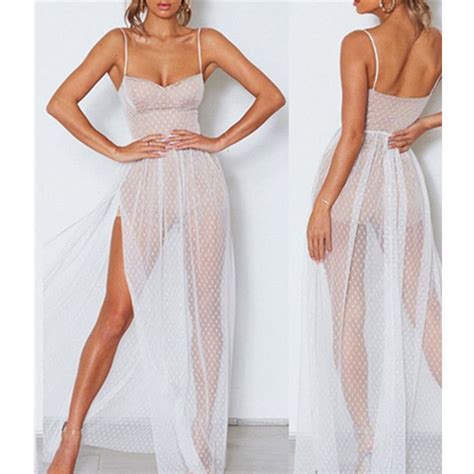 Sexy Sleeveless Nightclub Maxi Dress Women See Through Mesh Striped