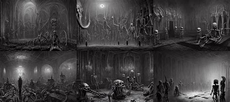 Room Full Of Large Demonic Skeletons Dark Atmosphere Stable