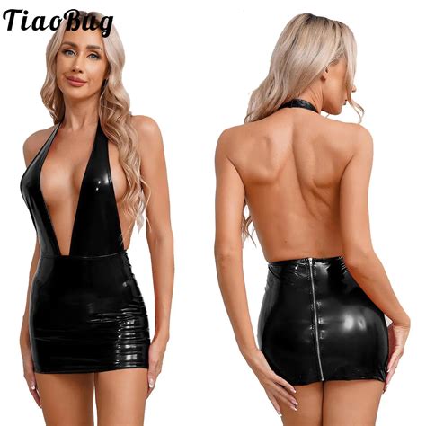 Vestido Bodycon De Cuero Para Mujer Traje Sexy De L Tex Wetlook Rave