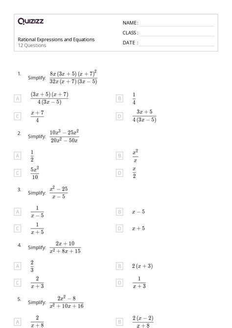 50 Rational Expressions Equations And Functions Worksheets For 11th Grade On Quizizz Free