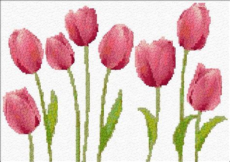 Cross Stitch Pattern Of Pink Tulips With Green Stems In The Center And