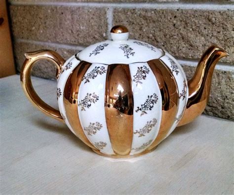 Unique Gibson Vintage Gold And Ivory Pumpkin Style English Teapot By