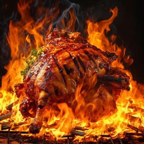 Premium AI Image Flaming Grilled Chicken Barbecue Generative AI