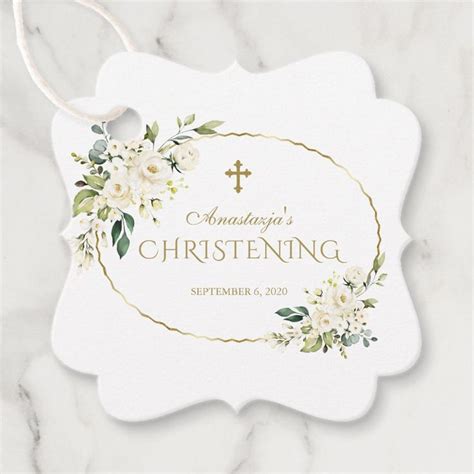 Luxury White Flowers Gold Christening Favor Tags Zazzle Christening Favors Favor Tags