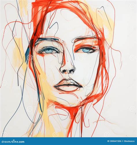 Expressive Fashion Illustration Lifelike Wire Face With Red And Blue Lines Stock Illustration