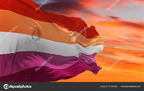 Lesbian Pride Flag Waving Wind Cloudy Sky Freedom Love Concept Stock