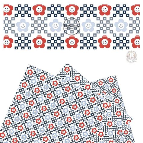 Star Checkerboard And Smiley Daisies Faux Leather Sheet Patriotic