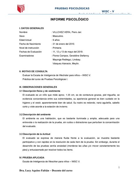 Informe Psicologico WISC V INFORME PSICOLÓGICO I DATOS GENERALES