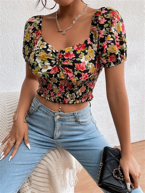 Floral Ruched Shirred Blouse