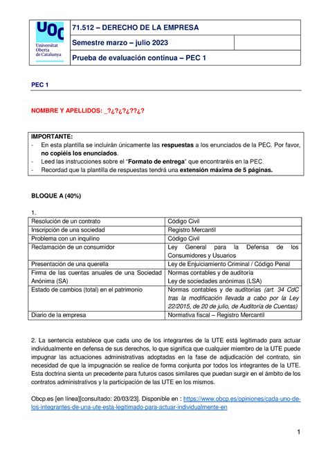 Pec Derecho De Empresa Derecho De La Empresa Semestre Marzo