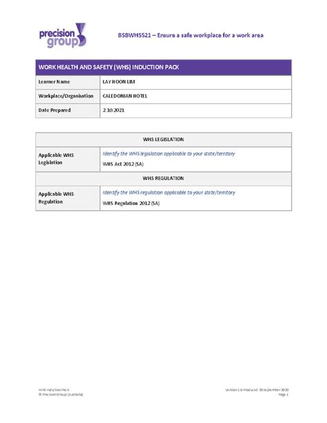 Bsbwhs 521 Template 4 WHS Induction Pack BSBWHS521 Ensure A Safe