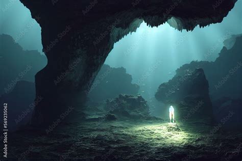 Dark cave, underwater diver, and cavern scenery. Generative AI Stock ...