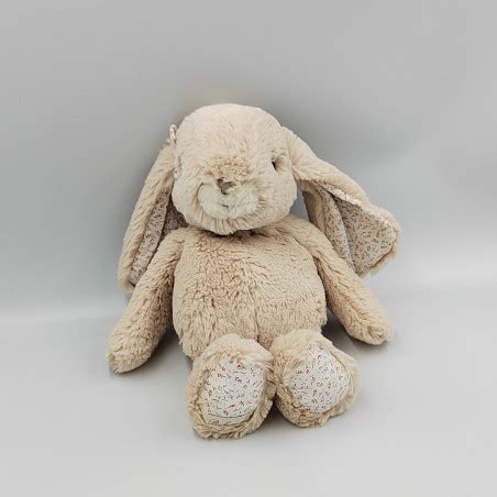 Doudou Peluche Lapin Beige Blanc Fleurs Bukowski