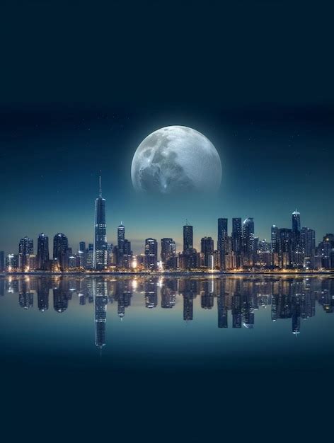 A Full Moon Is Over A City With A City Skyline And The Moon Is Visible