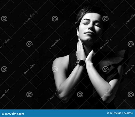 Black And White Portrait Of Tired Of The Problems Woman With Closed Eyes Holding Hands At Her