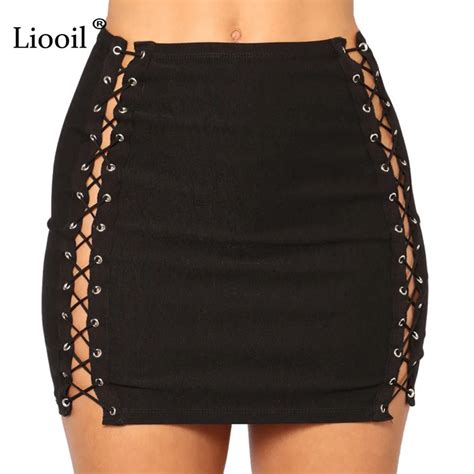 Liooil 2019 Summer Black Hollow Out Denim Mini Skirts Womens Clothing Sexy Club Bodycon Lace Up