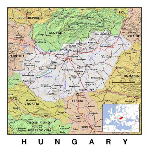 Detailed Political Map Of Hungary With Relief Hungary Europe