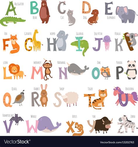 Cute Zoo Alphabet With Cartoon Animals Isolated On