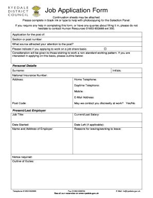 Fillable Online Job Application Form Ryedale Gov Uk Fax Email Print