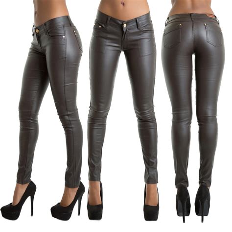 Women Brown Leather Look Leggings Wet Look Trousers Slim Fit Jeans Size 6 14 Ebay