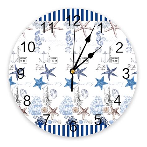 Blue Ocean Staranchor Shell Coral Boat Pvc Mute Clock Wall Decor Living