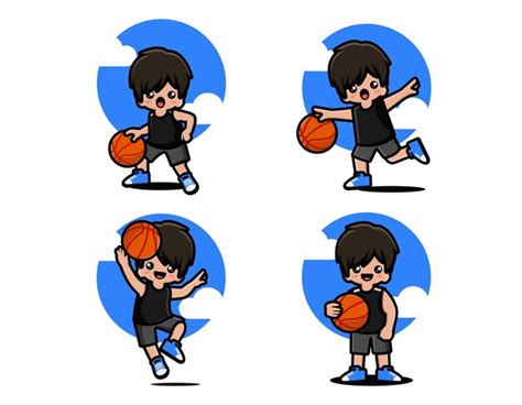 Conjunto de niño lindo feliz jugando baloncesto Vector Premium