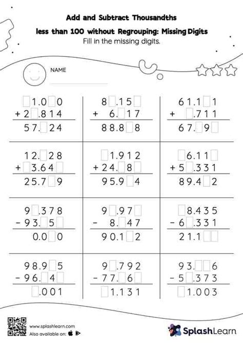 Add And Subtract Thousandths Less Than 100 Without Regrouping Missing Digits Math Worksheets