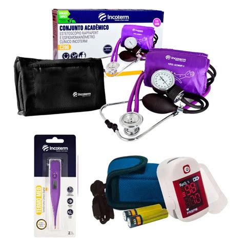 Kit Ox Metro Esfigmoman Metro Estetosc Pio Duplo E Term Metro Roxo