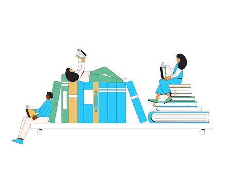 Tiny people with huge books on a shelf. Book fair, market, library