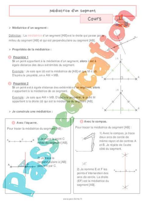 Médiatrice dun segment Cours de géométrie pour la 6ème PDF à