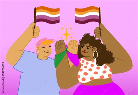 Ilustración de Stock Persona no binaria y una mujer latina levantando la bandera lésbica con un