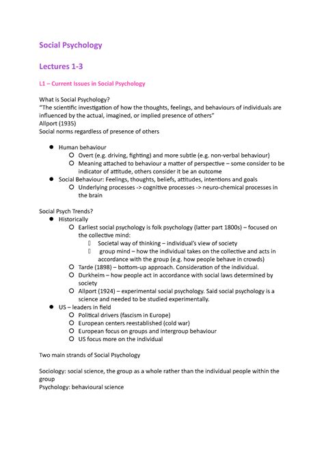 Social Psychology Lecture Notes Social Psychology Lectures L