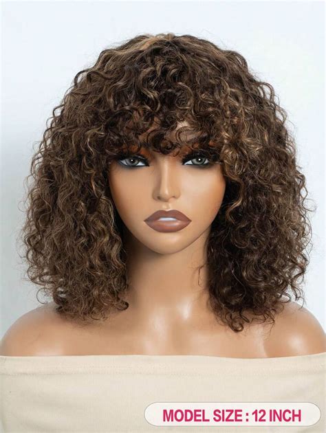 Human Hair Fluffy Curly Bob Wigs With Bangs Short Water Wave Full Machine Made Non Lace Wig Wear